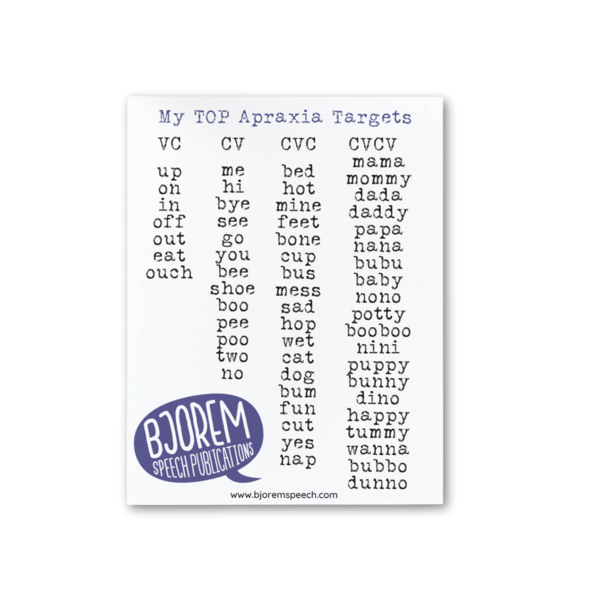 Apraxia | Jen's Top Targets | Word Lists
