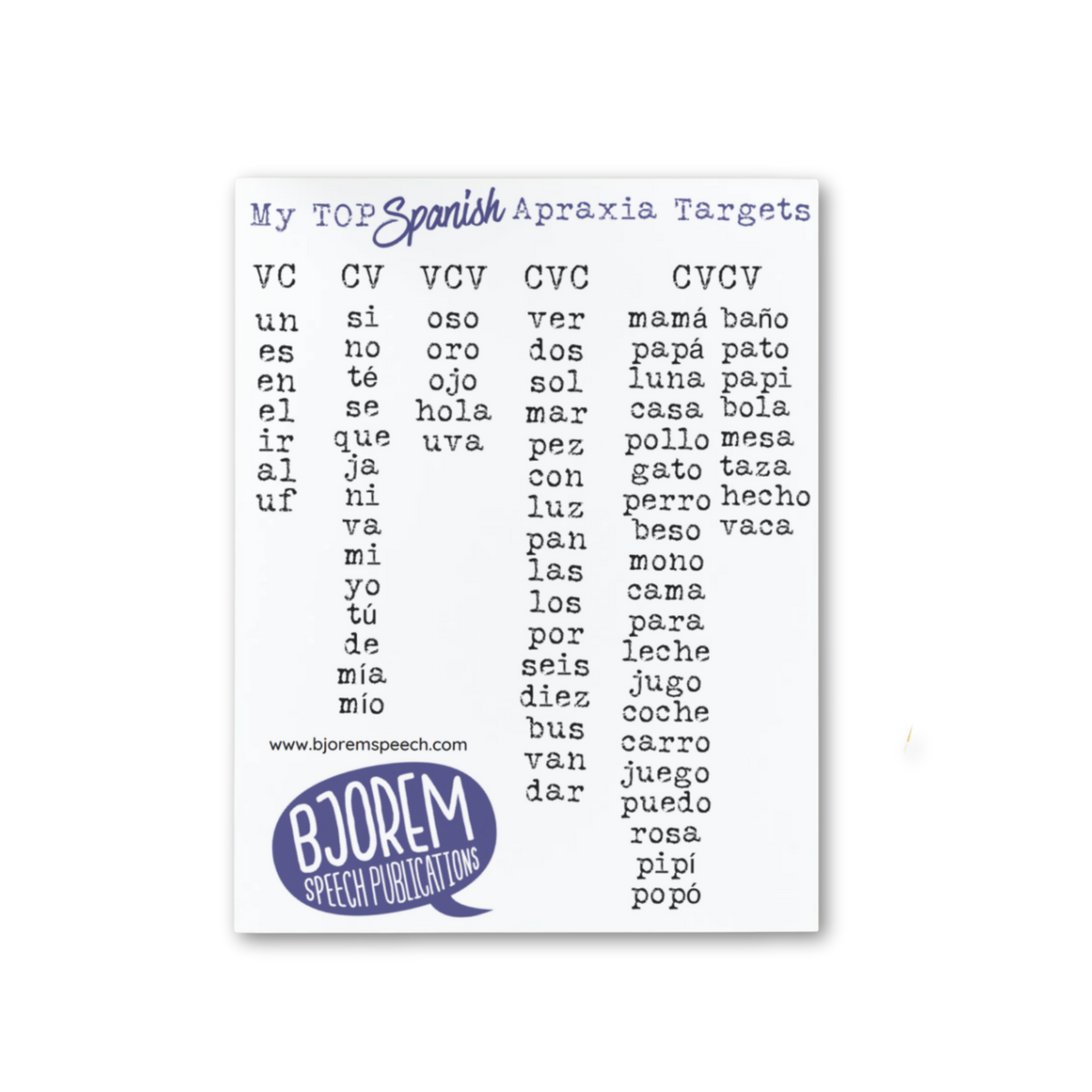 Apraxia | Jen's Top Targets | Word Lists (Spanish)