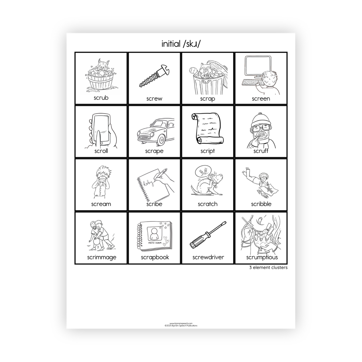 Articulation Practice Sheets | 3 Element Clusters | Initial /skɹ/