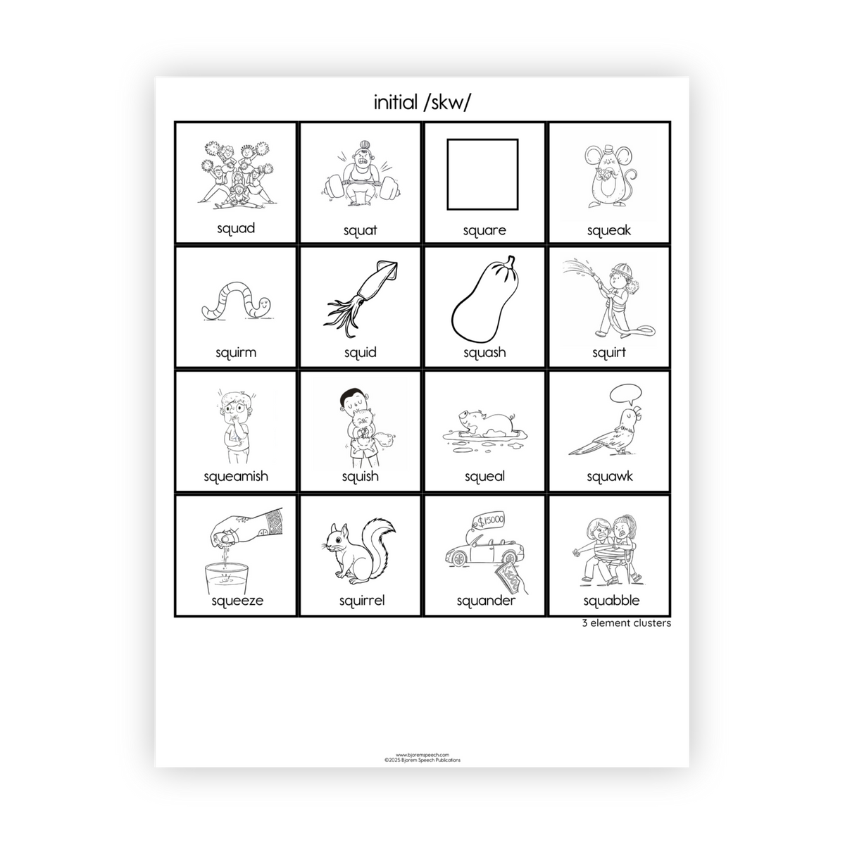 Articulation Practice Sheets | 3 Element Clusters | Initial /skw/